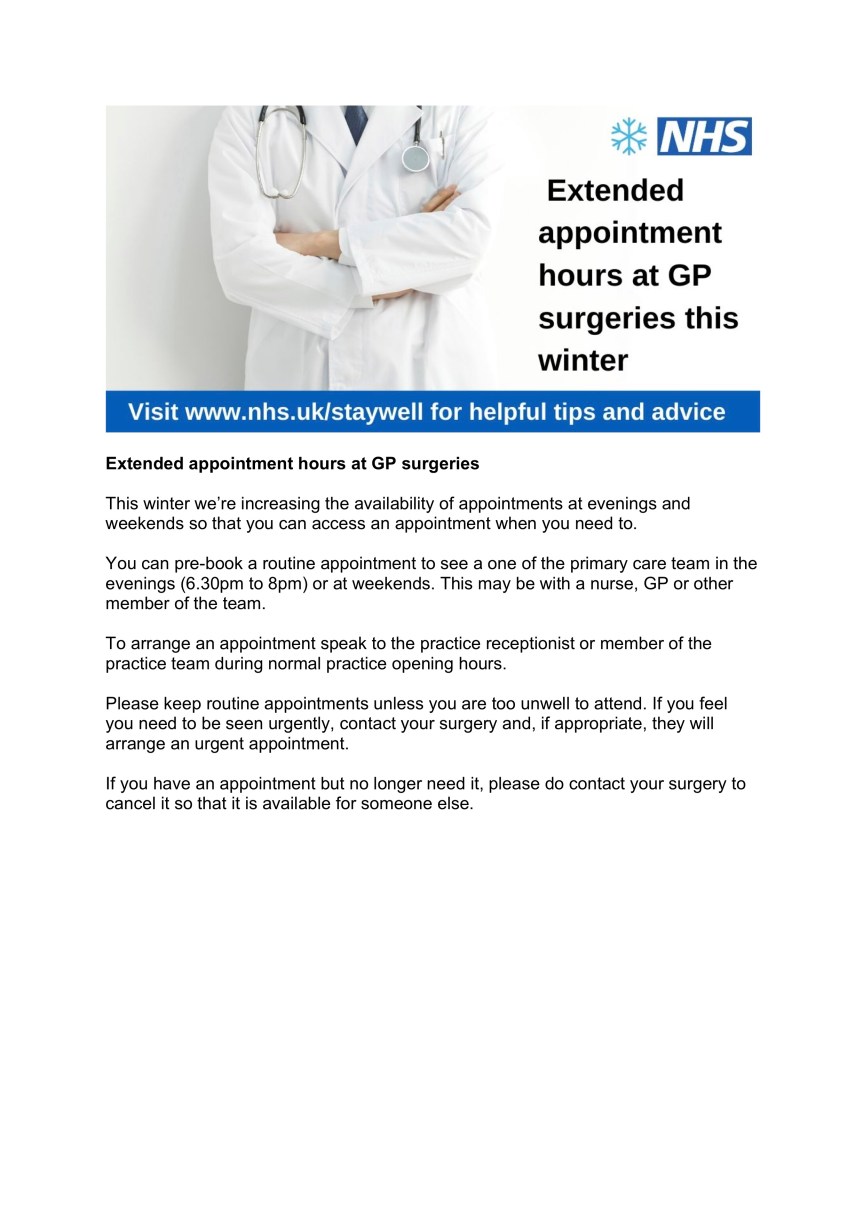 Extended appointment hours at GP surgeries 2019